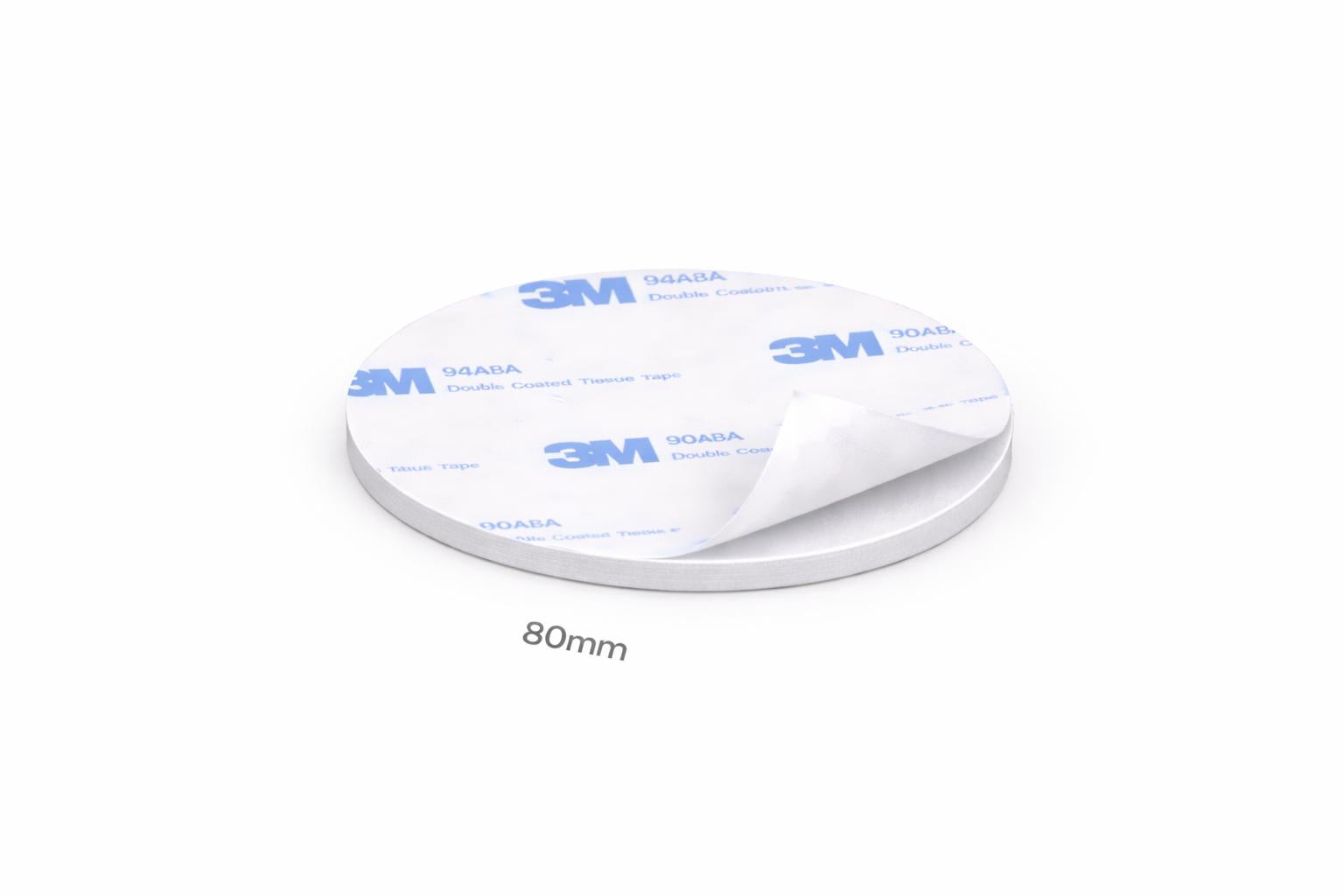 Circle of 3M adhesive white material with dimensions 80mm x 80mm on a white background