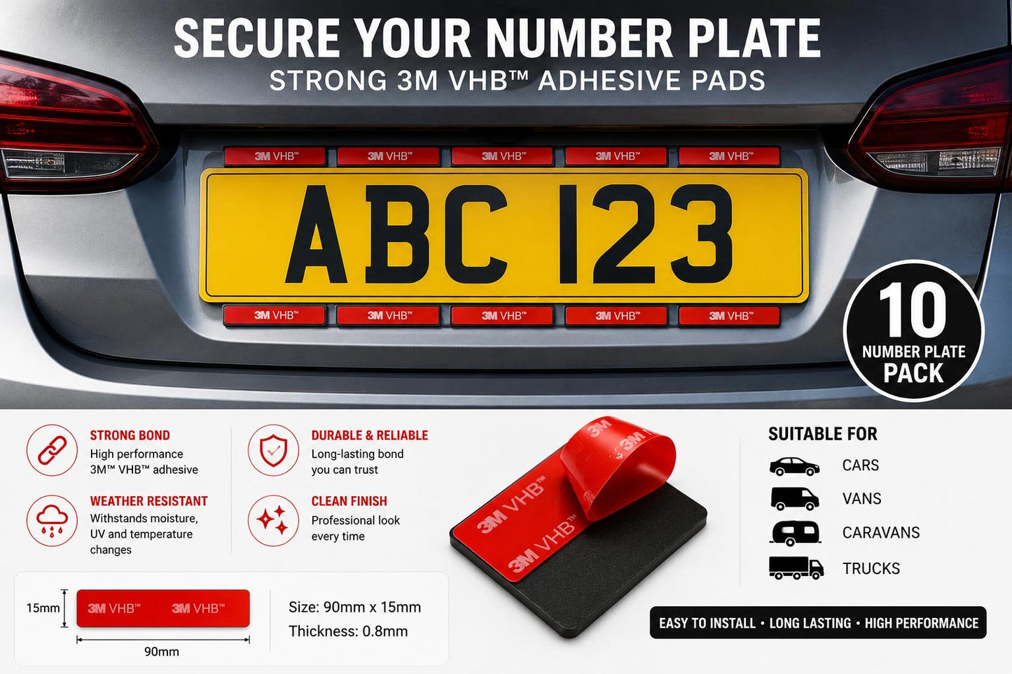 3M VHB Number Plate Tape Pads UK | Strong Double Sided Adhesive Strips (90mm x 15mm)