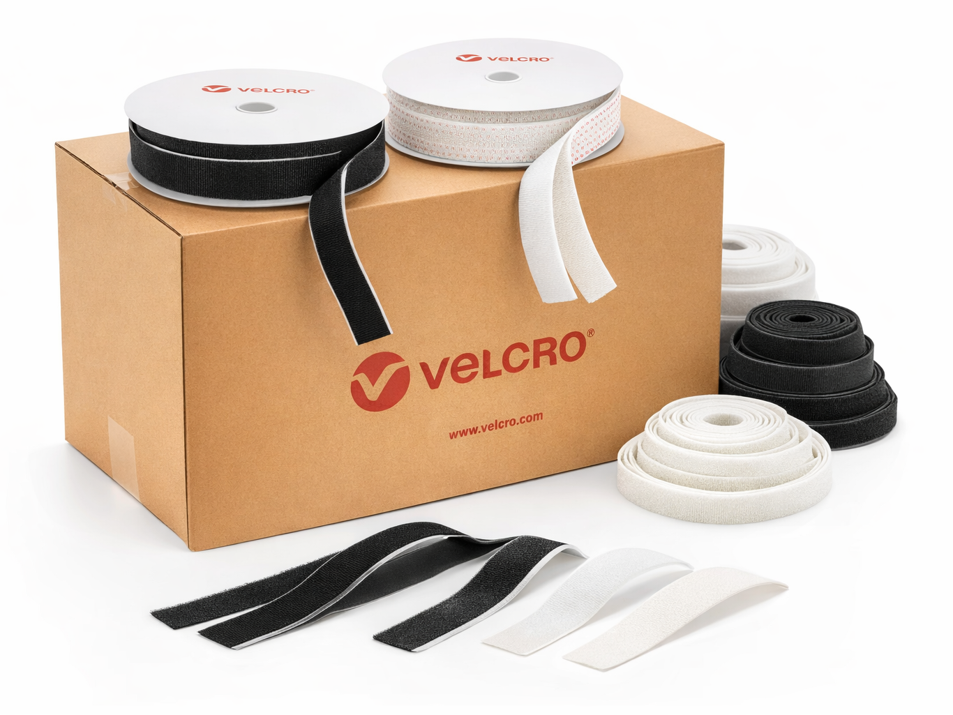 Velcro brand packaging with adhesive strips on a white background