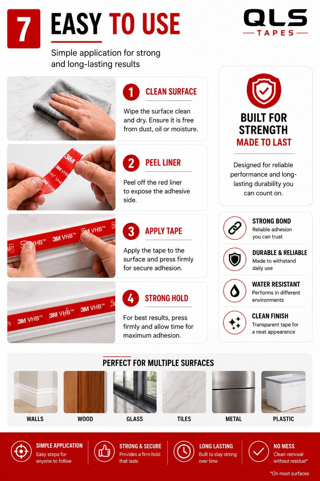 Step by step guide showing how to clean the surface, peel the red liner, apply 3M VHB black double sided tape and press firmly for maximum bond strength.