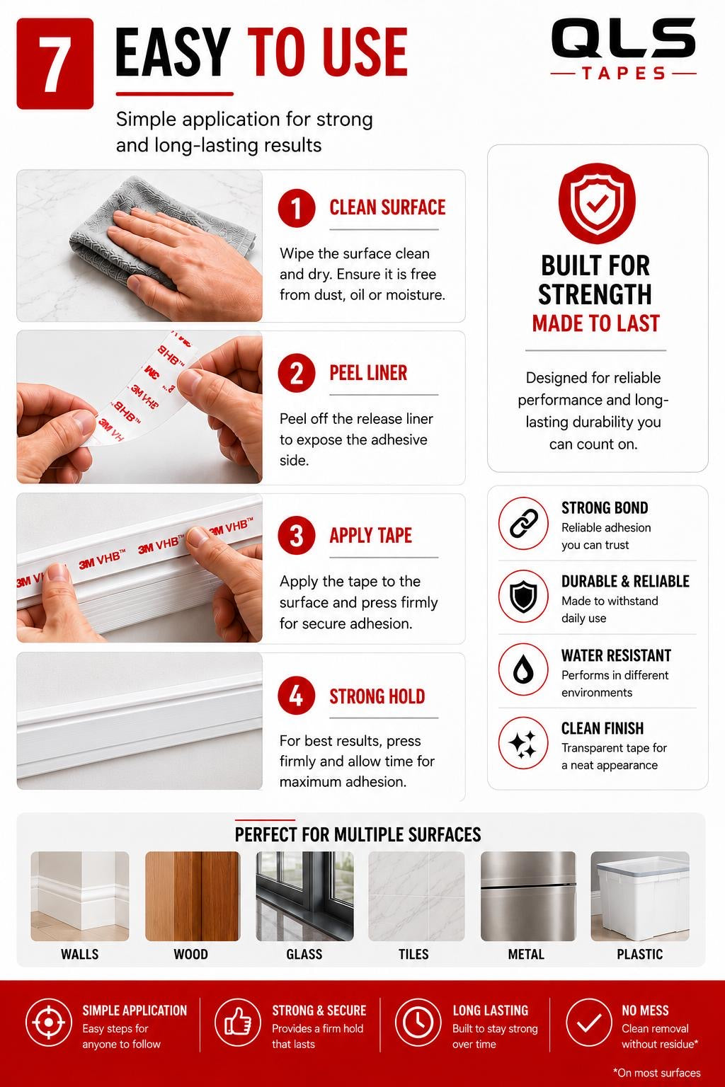 Step by step guide showing how to clean the surface, peel the liner, apply 3M VHB clear double sided tape and press firmly for best results.